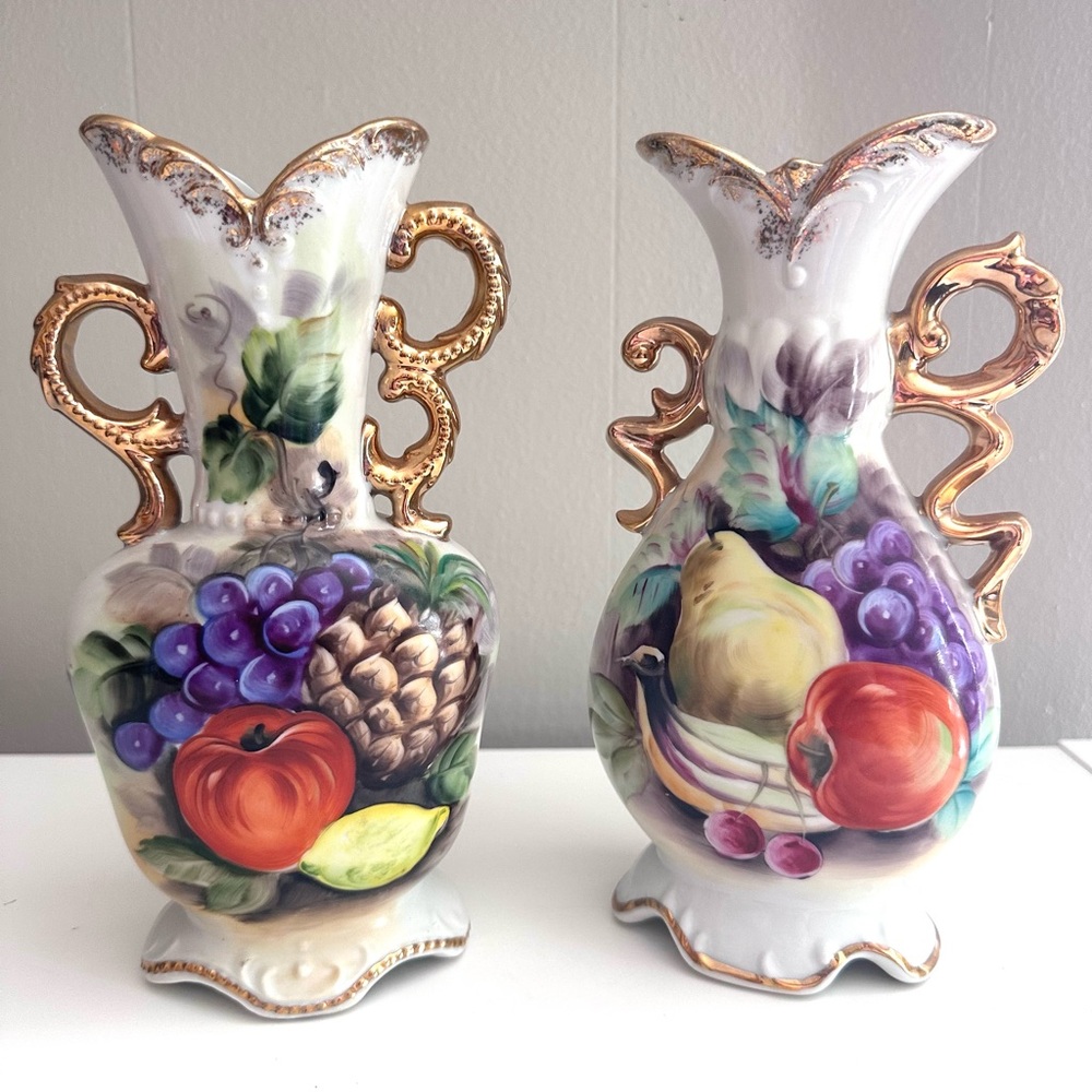 Hand-Painted Vintage Vases with Gold Accents PAIR - Excellent Condition!